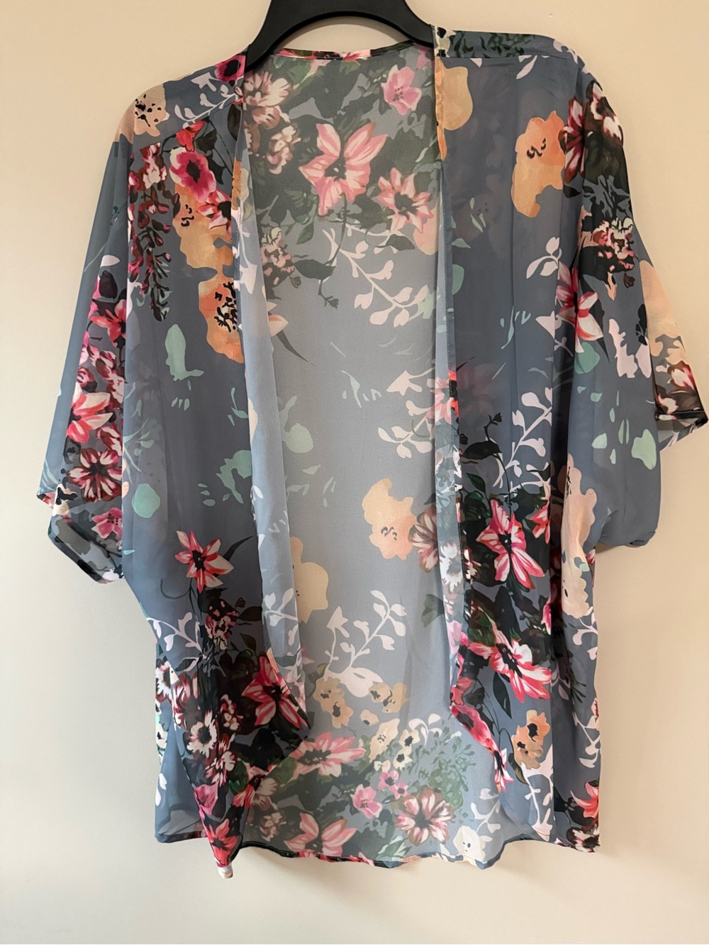 Maurices Sheer Floral Kimono Jacket - Blue with Pink Accents